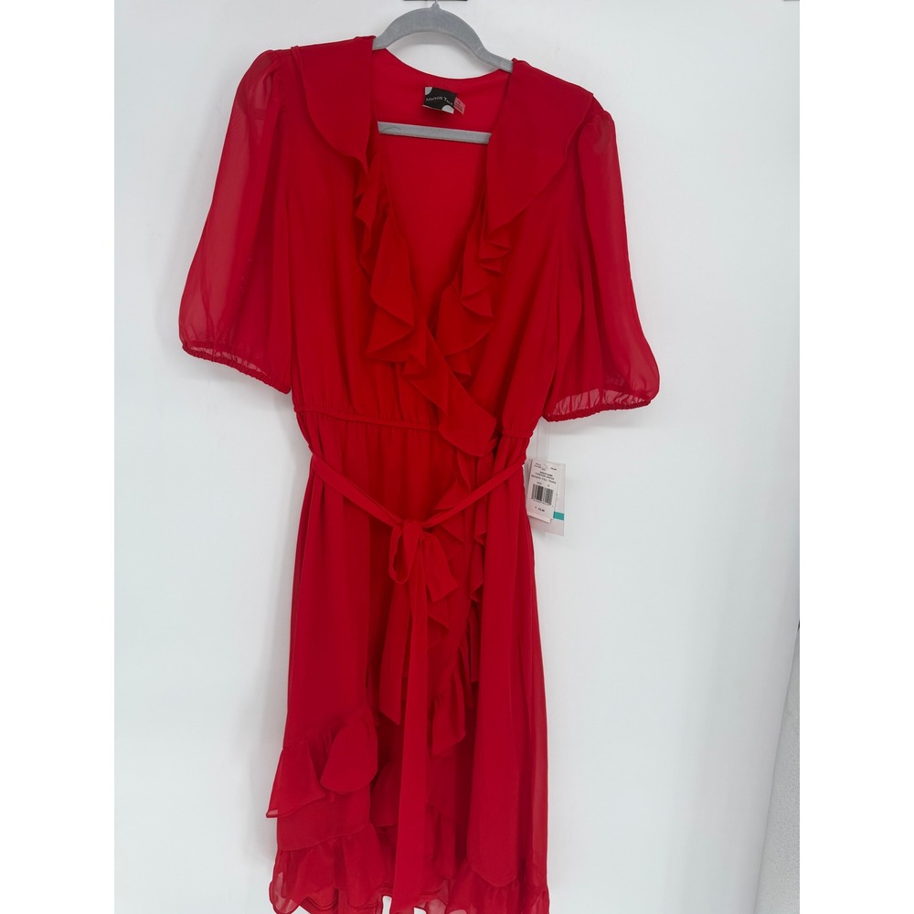 Maison Tara Red Ruffle Chiffon Wrap Midi Dress Short Puff Sleeve Size 16 Fairy